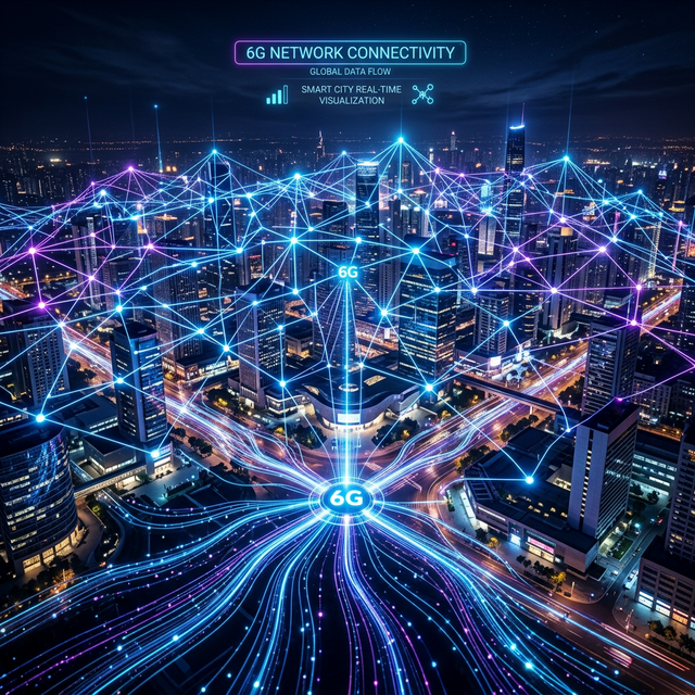 Futuristic 6G connectivity network visualization showing terahertz spectrum waves linking smart city towers, autonomous vehicles, and holographic displays in 2026