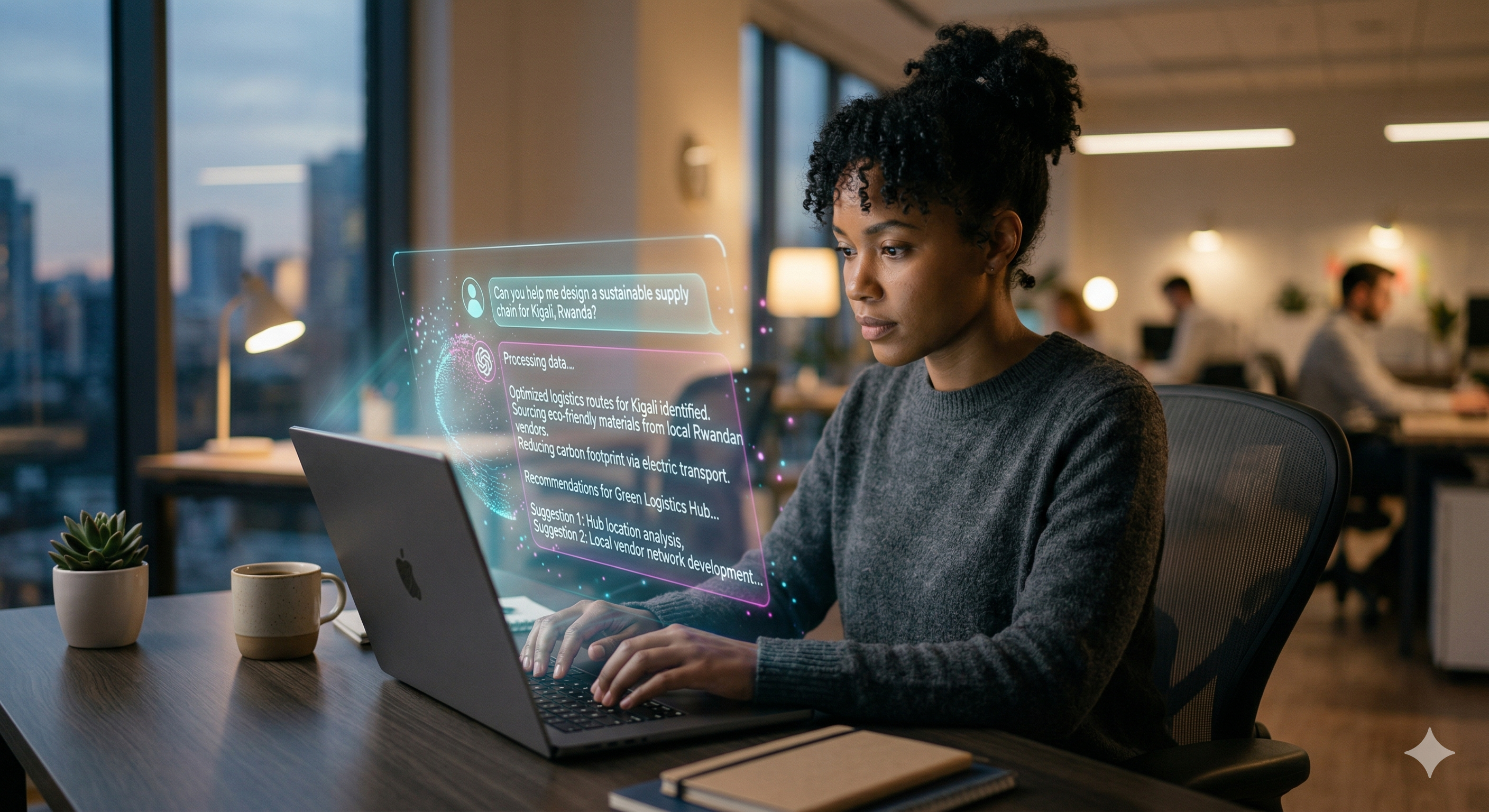 A person sitting at a desk typing into a laptop with a glowing AI chat interface