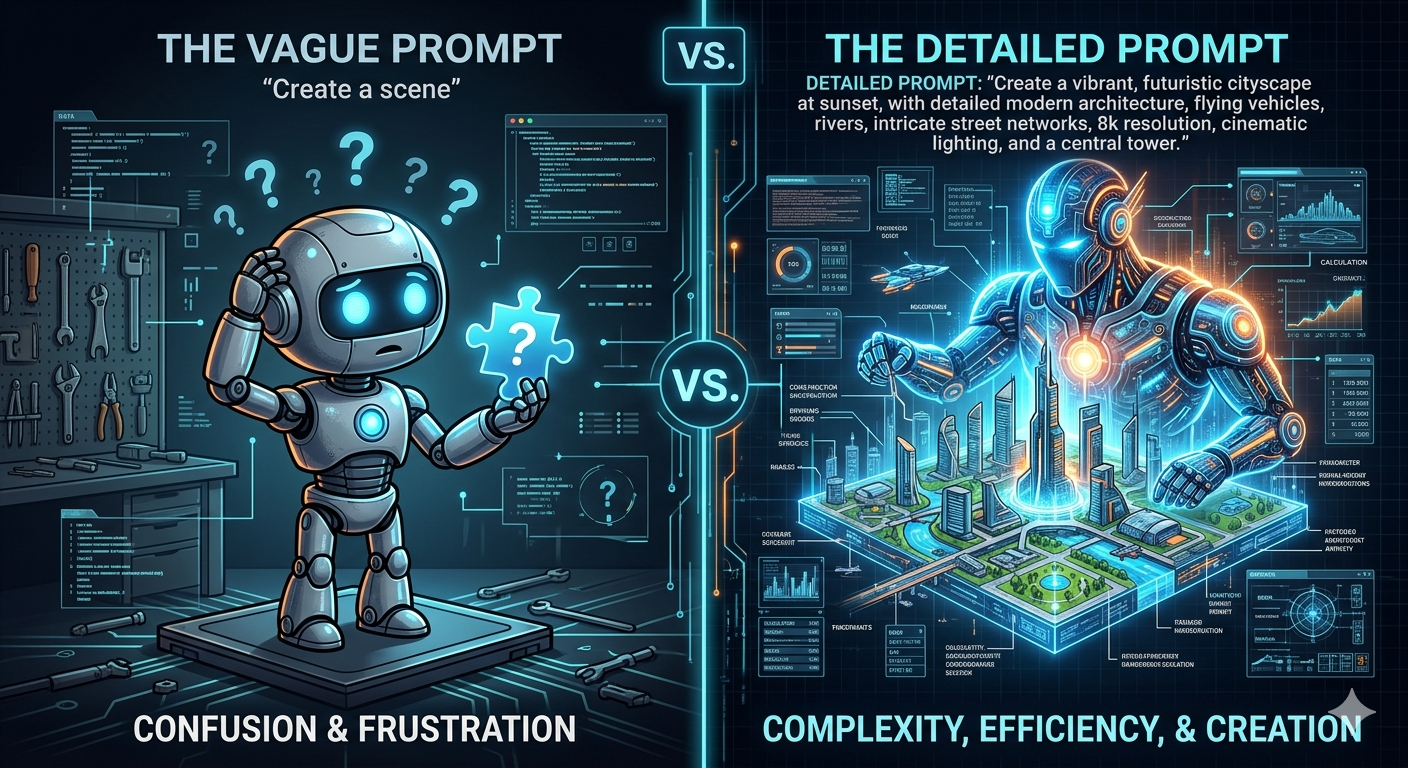 Side-by-side comparison of vague vs detailed AI prompts