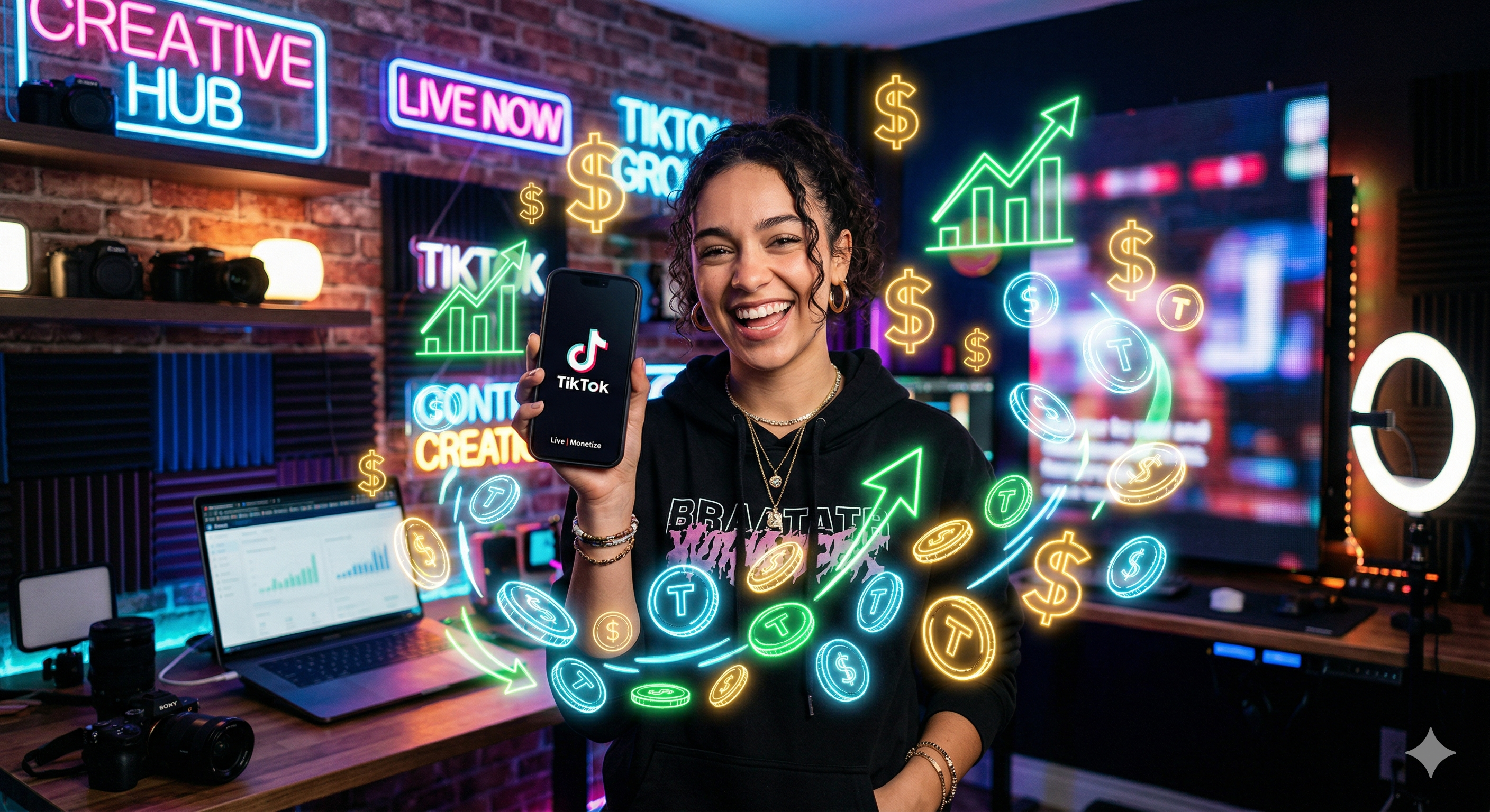 A creator smiling at a smartphone showing the TikTok logo with virtual money and growth graphs