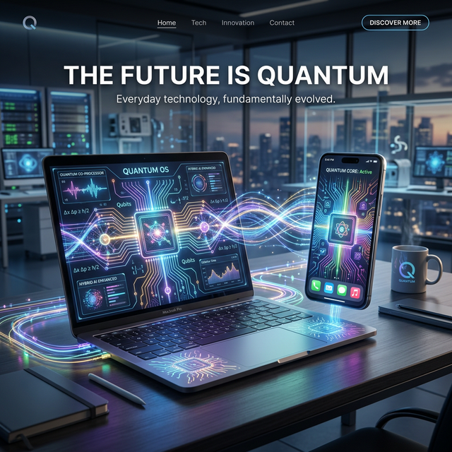 Quantum computing processor with glowing qubits merging with cloud technology and AI systems in 2026
