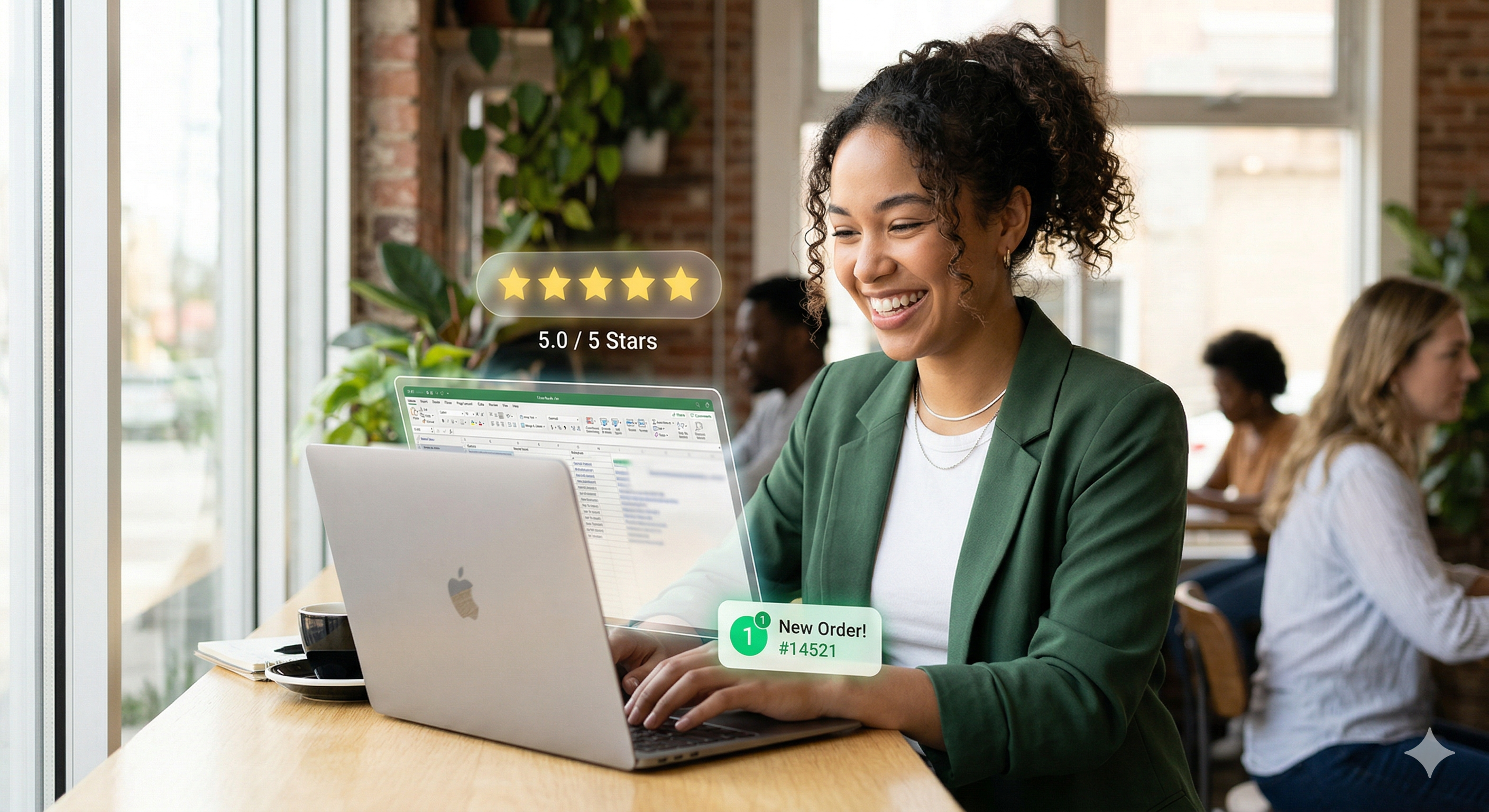 A freelancer working on a laptop receiving a new gig order notification and a 5-star review